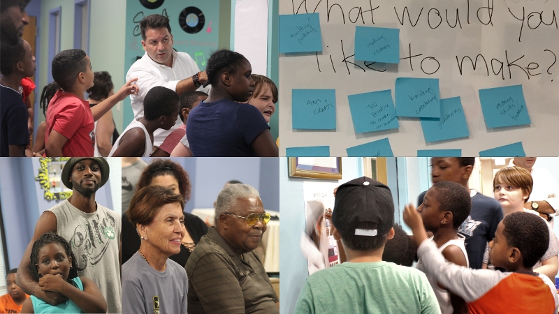 Photo collage of families doing makerspace activities together