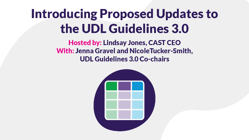 Introducing Proposed Updates to UDL Guidelines 3.0 webinar Hosted by CAST CEO Lindsay Jones and presented by UDL Guidelines 3.0 Co-chairs Jenna Gravel and Nicole Tucker-Smith