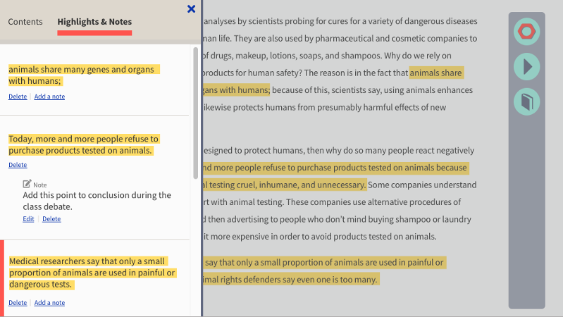 Screenshot showing highlighted text from a longer piece of writing in situ as well as pulled out in a sidebar where the reader has taken some notes related to their annotations.