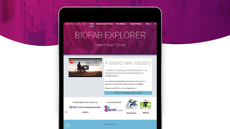 Screenshot of Biofab Explorer on a tablet with a purple wave in the background